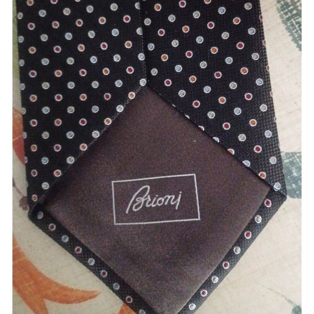 BRIONI Dark Brown Hand Made In Italy Woven Color Dots Circles Seta Silk Neck Tie - Picture 6 of 8